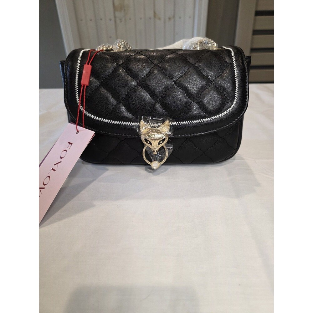 FOXLOVER Black Quilted Shoulder Bag with Fox Head Hardware & Gold Turn Lock